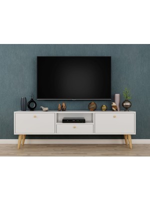 Ankara Mobilya Penta Ahşap Ayaklı Modern Beyaz TV Sehpası 160 cm Suntalam Malzeme ile Şık Tasarım