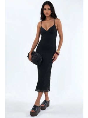 Hiccup Kadınlar V Yakalı Dantel Bodycon Midi Elbise Siyah