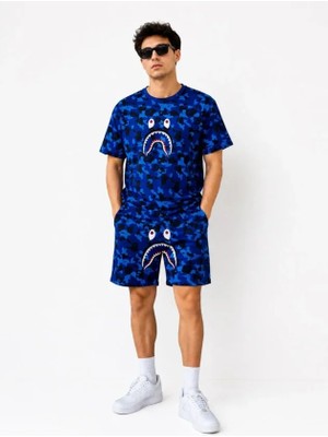 MiraLive Erkek Oversize Kalıp Pubg Bape x Shark Nakışlı Cepli Şort Takım - Mavi