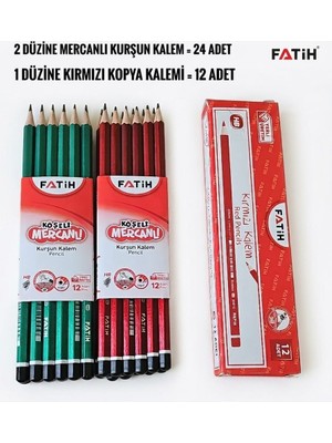 Fatih 2 Düzine Mercanlı Kurşun Kalem + 1 Düzine Kırmızı Kopya Kalemi - Avantajlı Okul Seti - 36 Adet Kalem