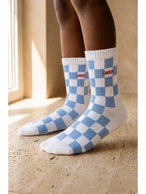 Bony Socks Çocuk Mavi Kare Desenli Soket Çorap