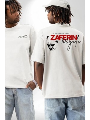 MiraLive 30 Ağustos Zafer Bayramı Ön Arka Baskılı Oversize Bisiklet Yaka T-Shirt - Beyaz