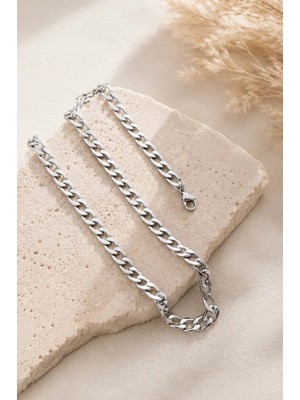 Lia Charm Babalar Günü Özel Gümüş Renk Paslanmaz Çelik Gurmet Zincir 60cm Kolye ve 21cm Bileklik Kombin Set (5mm kalın zincir)