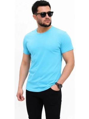 MiraLive Erkek Basic Tişört Bisiklet Yaka Kısa Kol Günlük Yazlık Slim Fit T-Shirt - Açık Mavi