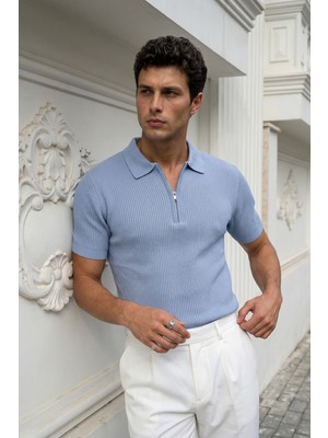 Livio Ferri Orin Premium Fitilli Triko Polo Yaka Yarım Fermuarlı Erkek Tişört