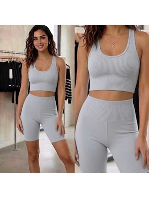 Mercan Kids Kadın Fitilli Yüksek Bel Toparlayıcı Crop & Şort Takım (2'li Set)