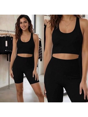 Mercan Kids Kadın Fitilli Yüksek Bel Toparlayıcı Crop & Şort Takım (2'li Set)