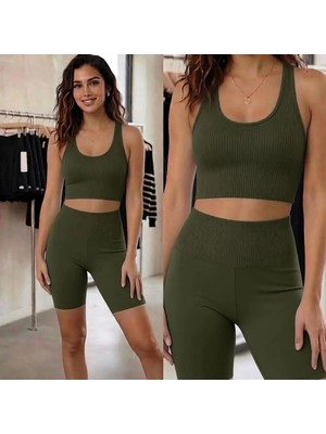 Mercan Kids Kadın Fitilli Yüksek Bel Toparlayıcı Crop & Şort Takım (2'li Set)