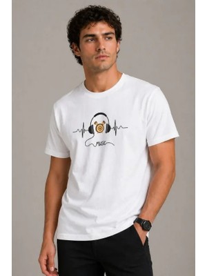 MiraLive Erkek Müzik Temalı Baskılı Tişört Bisiklet Yaka Kısa Kol T-Shirt - Beyaz