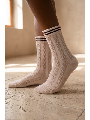 Bony Socks Kadın Örgü Desenli Soket Çorap Açık Kahve