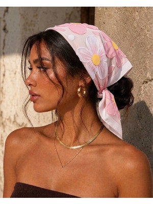 Revam Collection Kadın Pudra Pembe Çiçek Desenli Fular Bandana Şal