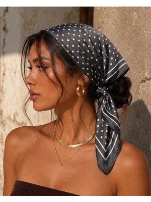 Revam Collection Siyah Puantiye Desenli Saten Fular Bandana Şal Kadın 70 x 70 cm Günlük Kullanım
