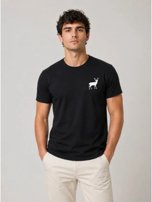 MiraLive Erkek Minimal Geyik Logolu Tişört Bisiklet Yaka Kısa Kol Yazlık T-Shirt - Siyah