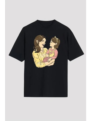 MiraLive Anneler Günü Hediye Anne Kız Temalı Baskılı Oversize Bisiklet Yaka T-Shirt - Siyah