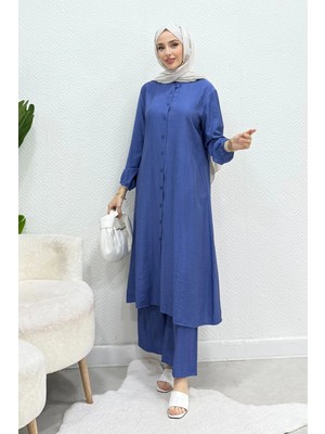 Tesettür Diyarı Laina Çilek Kumaş Uzun Gömlek-Pantolon Tesettür Takım- Indigo