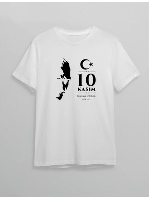 MiraLive 10 Kasım Atatürk Anma Günü Silüet Baskılı Oversize Bisiklet Yaka T-Shirt - Beyaz