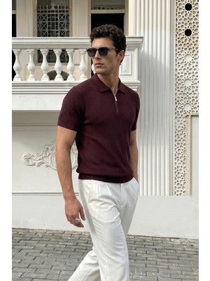 Livio Ferri Orin Premium Fitilli Triko Polo Yaka Yarım Fermuarlı Erkek Tişört