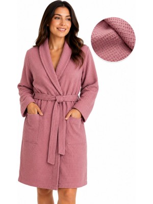 Mulberry Rose Waffle Premium Bornoz – Yumuşak Havlu Iç Yüzeyli, Şal Yakalı, Cepli Kadın Bornozu Standart