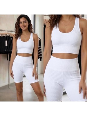 Mercan Kids Kadın Fitilli Yüksek Bel Toparlayıcı Crop & Şort Takım (2'li Set)