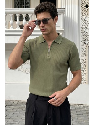 Livio Ferri Orin Premium Fitilli Triko Polo Yaka Yarım Fermuarlı Erkek Tişört