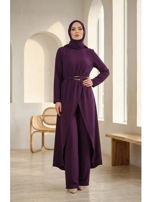 Sefa Merve Beli Lastikli Kuşaklı Tesettür Ikili Takım 2279-04 Mor