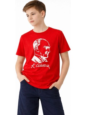 MiraLive Erkek Çocuk Atatürk Baskılı Tişört Kısa Kollu Bisiklet Yaka T-Shirt - Kırmızı