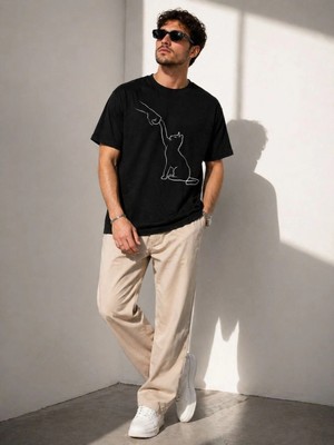 MiraLive Erkek Minimal Kedi Çizim Baskılı Tişört Kısa Kol Yazlık T-Shirt - Siyah