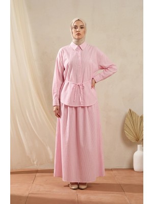 Sefa Merve Çizgili Polo Yaka Tunik Etek Ikili Takım 0321-06 Pembe