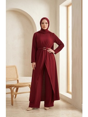 Sefa Merve Beli Lastikli Kuşaklı Tesettür Ikili Takım 2279-05 Bordo