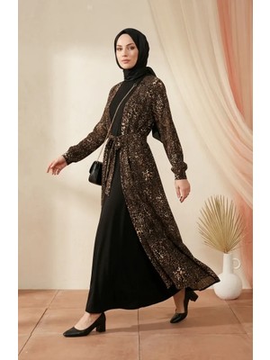 Sefa Merve Bürümcük Kumaş Leopar Abaya Jile Ikili Takım 0511-01 Siyah