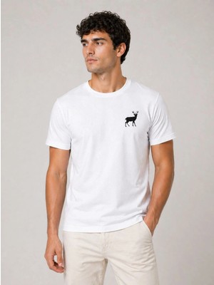 MiraLive Erkek Minimal Geyik Logolu Tişört Bisiklet Yaka Kısa Kol Yazlık T-Shirt - Beyaz