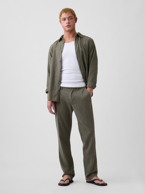 Gap Erkek Haki Straight Keten Karışımı Pantolon