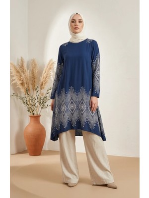Sefa Merve Viskon Kumaş Desenli Tunik 1015-05 Indigo