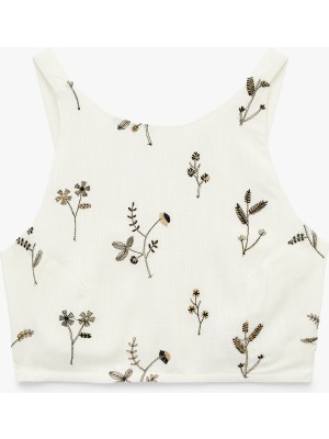 Koton Slim Fit Floral Nakış Detaylı Brodeli Halter Yaka Crop Büstiyer