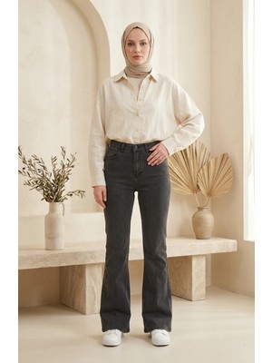 Sefa Merve Ispanyol Paça Kot Pantolon 52526-03 Füme