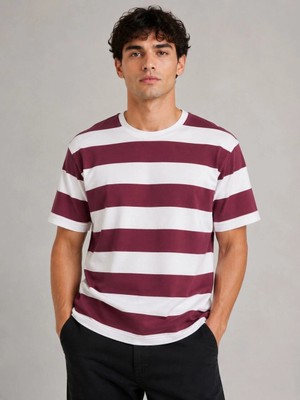 MiraLive Erkek Çizgili Oversize Tişört Bisiklet Yaka Kısa Kol Yazlık T-Shirt - Bordo
