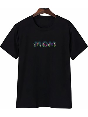 MiraLive Anneler Günü Mom Çiçek Temalı Baskılı Oversize Bisiklet Yaka T-Shirt - Siyah
