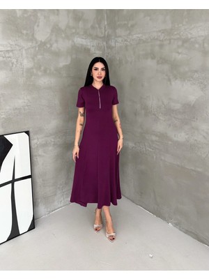 Elaxi Kadın Fermuar Detaylı Maxi Uzun Modal Elbise