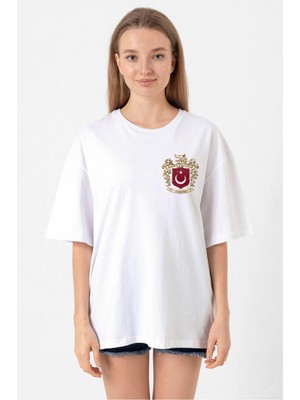 MiraLive Türk Arma Baskılı Oversize Bisiklet Yaka Günlük T-Shirt - Beyaz