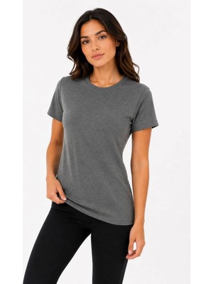 MiraLive Kadın Basic Tişört Bisiklet Yaka Kısa Kol Günlük Yazlık Slim Fit T-Shirt - Antrasit