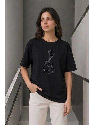 MiraLive Kadın Minimal Gitar Baskılı Tişört T-Shirt Yazlık Kısa Kol Bisiklet Yaka T-Shirt - Siyah
