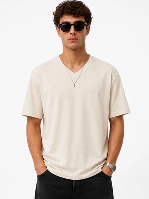 MiraLive Erkek V Yaka Basic Tişört Kısa Kol Yazlık Regular Fit T-Shirt - Bej