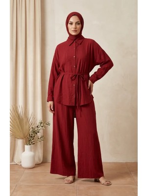 Sefa Merve Boydan Düğmeli Bağcıklı Tunik Pantolon Ikili Takım 0301-03 Bordo