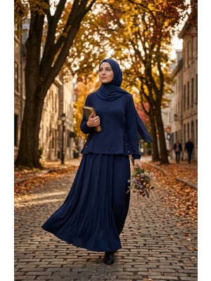 Sefa Merve Oysho Kumaş Bağcıklı Bluz Etek Ikili Tesettür Takım 5660-07 Lacivert