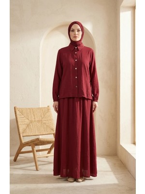 Sefa Merve Gömlek Yaka Çıtçıtlı Tesettür Ikili Takım 2281-01 Bordo