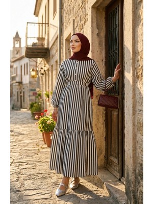 Sefa Merve Çizgili Keten Beli Lastikli Kuşaklı Tesettür Elbise 0323-07 Siyah