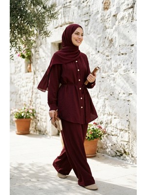 Sefa Merve Boydan Düğmeli Tunik Pantolon Ikili Takım 2276-04 Mürdüm