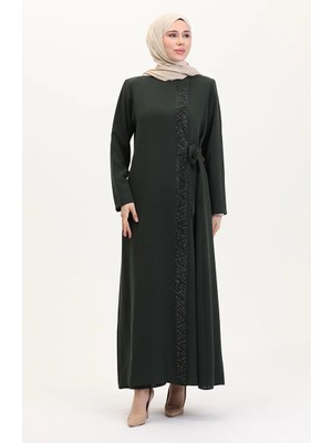 Sefa Merve Büyük Beden Yandan Bağlamalı Taşlı Ferace 5075-03 Haki