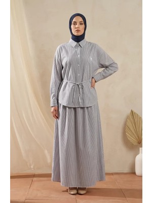 Sefa Merve Çizgili Polo Yaka Tunik Etek Ikili Takım 0321-07 Lacivert