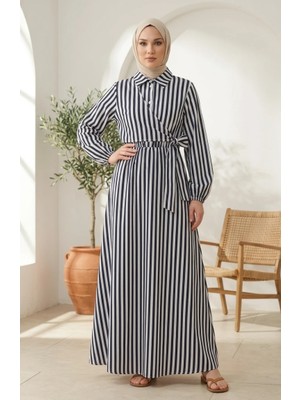 Sefa Merve Çizgili Keten Beli Lastikli Yandan Bağlamalı Tesettür Elbise 0322-10 Lacivert